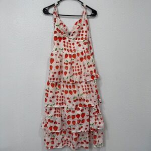 Crystal Doll Strawberry Cherry Print Tiered Midi Dress Size S